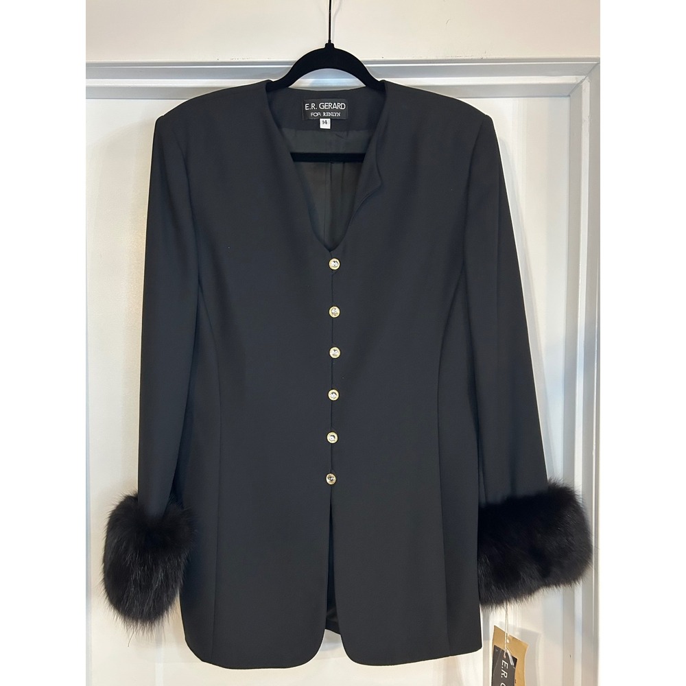 NEW ER Gerard for Renlyn Vintage Black Fur Cuff Gold Button Blazer Jacket 14